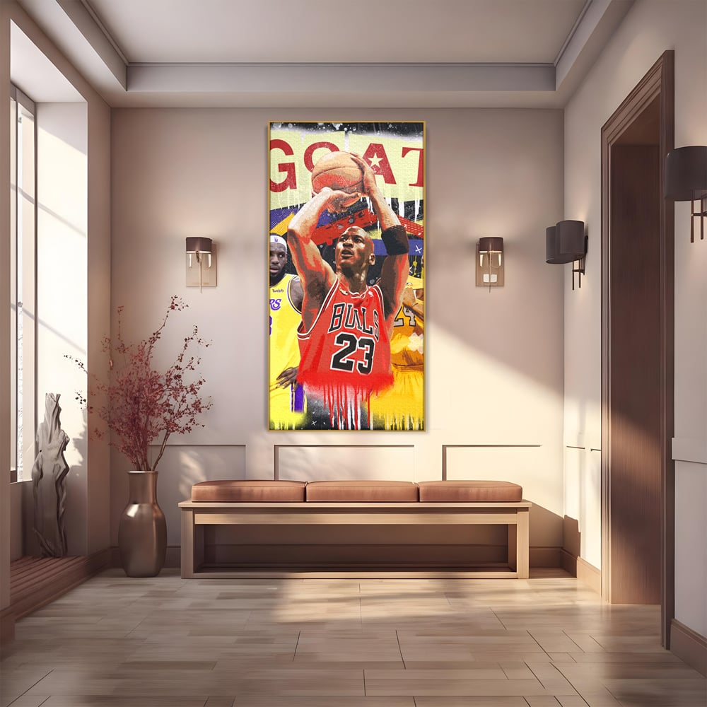 Tablou canvas cu tablou canvas cu michael jordan in actiune, in rama de aluminiu auriu